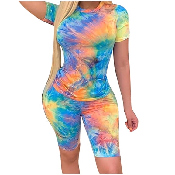 CILENON Casual Sets for Women 2 Piece Womens Tie-Dye Short Sleeve O-Neck Tops Beach Shorts Summer Sports Casual Set 2Piece Set Outfit for Women Plus Size Two Piece Sets for Women (Light Blue,XL)