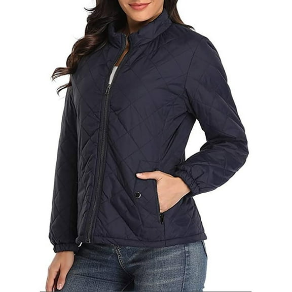 CILENON Chaquetas De Mujer Elegantes Women's Autumn and Winter Leisure Long Sleeve Standing Neck Short Solid Color Slim Fit Solid Color Breadwear Cotton Coat (Navy Blue,L)