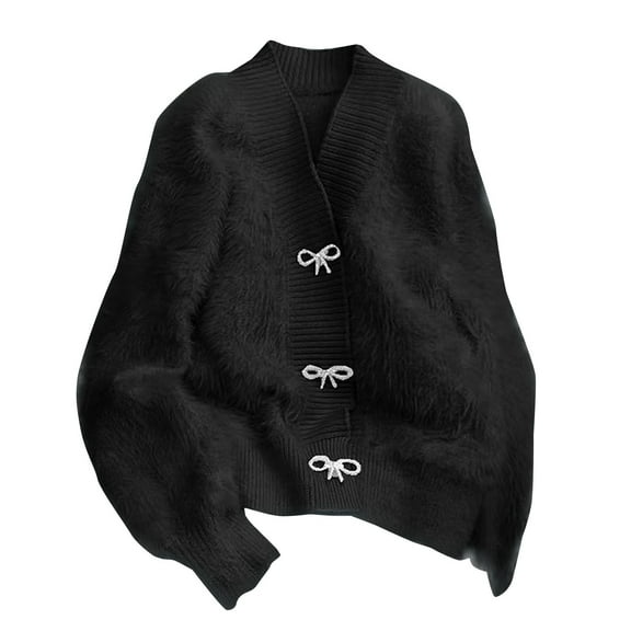 CILENON Chaquetas De Mujer Elegantes Women's Rhinestone Bow Fluffy Long Sleeve V Neck Crop Cardigan Sweater (Black,One Size)