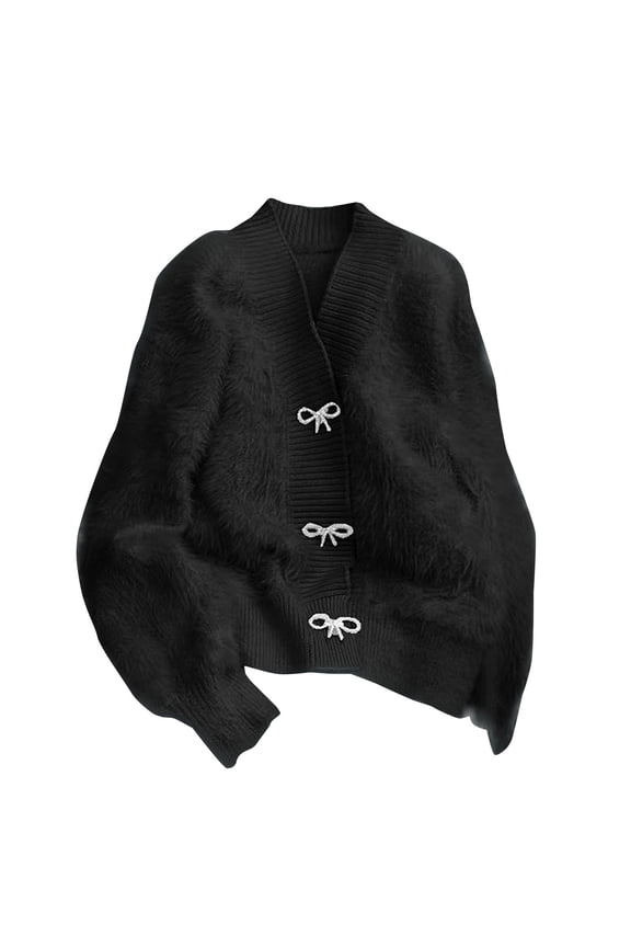 Chaquetas De Mujer Elegantes Women's Rhinestone Bow Fluffy Long Sleeve V Neck Crop Cardigan Sweater (Black,One Size)