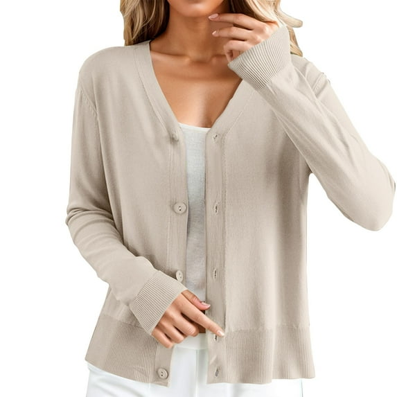 CILENON Chaquetas De Mujer Women's Long Sleeve Ice Silk Knit With Skirt V Neck Cardigan (Khaki,XL)