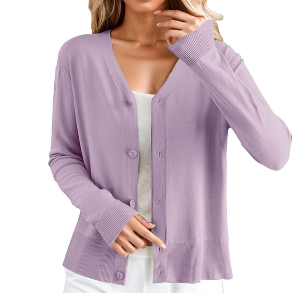 CILENON Chaquetas De Mujer Women's Long Sleeve Ice Silk Knit With Skirt V Neck Cardigan (Purple,L)