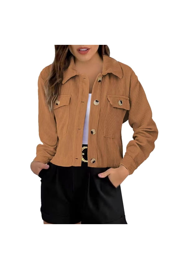 Chaquetas De Mujer Women's Solid Short Corduroy Single Breasted Lapel Baggy Long Sleeved Double Pocket Coat (Khaki,XL)
