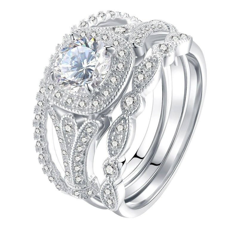 CILENON Chunky Rings 3Pc Geometry Silver Rhinestone Cubic