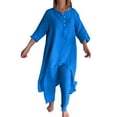 thumbnail image 1 of CILENON Clearance 2 Piece Sets for Women Solid Color Cotton Linen Pant Sets Casual Long Sleeve Button T Shirt Loose Wide Leg Pants Set Fall Outfits (Blue,XXXXL), 1 of 5