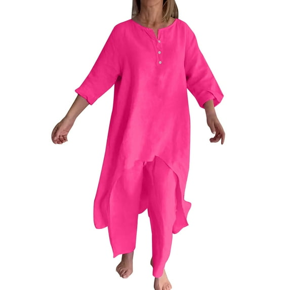 CILENON Clearance 2 Piece Sets for Women Solid Color Cotton Linen Pant Sets Casual Long Sleeve Button T Shirt Loose Wide Leg Pants Set Fall Outfits (Hot Pink,L)