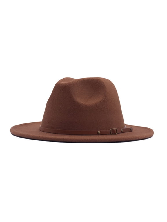 Clearance Big Wide Brim Fedora Hat for Women Fedora Wool Belt Classic Hat Buckle Hat Floppy Wide Caps Large Felt Panama Rancher Hat (Brown,One Size)