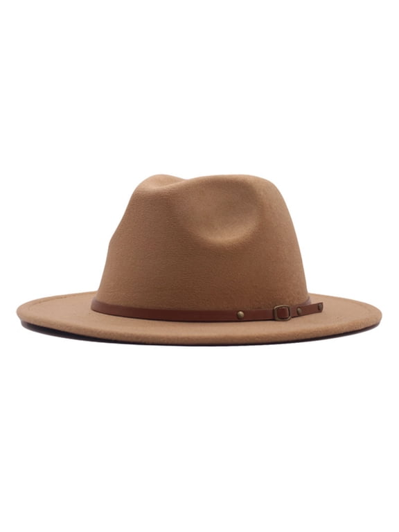 Clearance Big Wide Brim Fedora Hat for Women Fedora Wool Belt Classic Hat Buckle Hat Floppy Wide Caps Large Felt Panama Rancher Hat (Khaki,One Size)