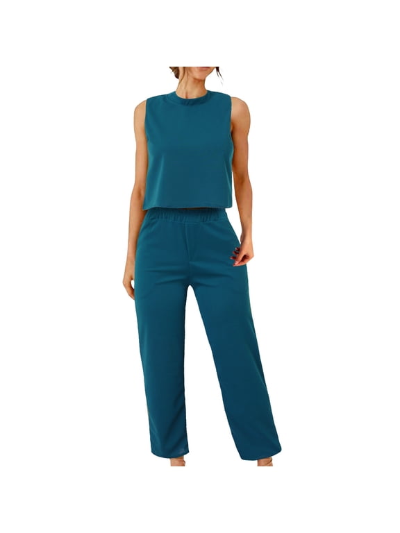Comfy Travel Outfits for Women Women's Suit New Sleeveless Sports Casual Suit Women's Short Loose T Shirt Trousers Two Piece Set Best Travel Outfits for Planes (Blue,XL)