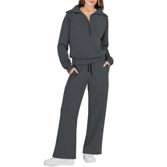 CILENON Conjunto Deportivo Para Mujer Women Two Piece Outfits Sweatsuit Set Quarter Zip Sweatshirt Wide Leg Sweatpant Fall Set Tracksuit Sweatsuits Women 2 Piece Outfit (Dark Gray,S)