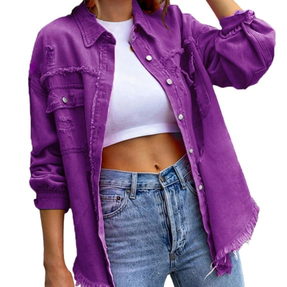 CILENON Corporate Outfits for Women Women's Solid Color Casual Jacket Ripped Loose Denim Jacket (Purple,XXL)