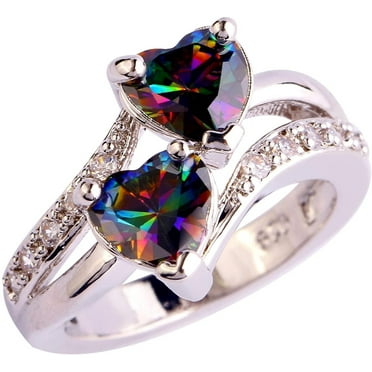 CILENON Crystal Rings Women's Unique Double Heart Rainbow Eternal Engagement Ring Girls Ring Diamond Band Rings for Women Engagement Rings Gold Band Ring Woman(Multi-color,9)