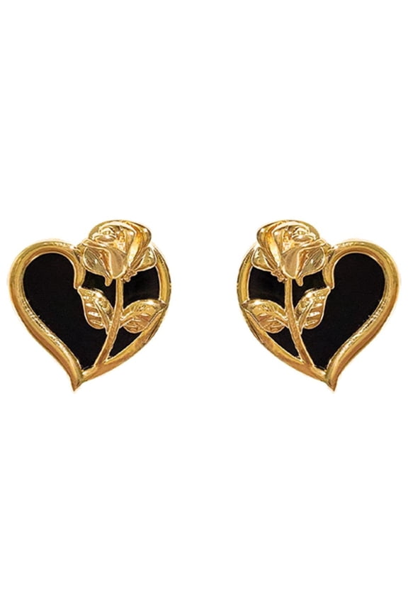 Dangle Rose Heart Stud Earrings Female Temperament Fashion Black Oil Drip Heart Earrings (Gold,One Size)