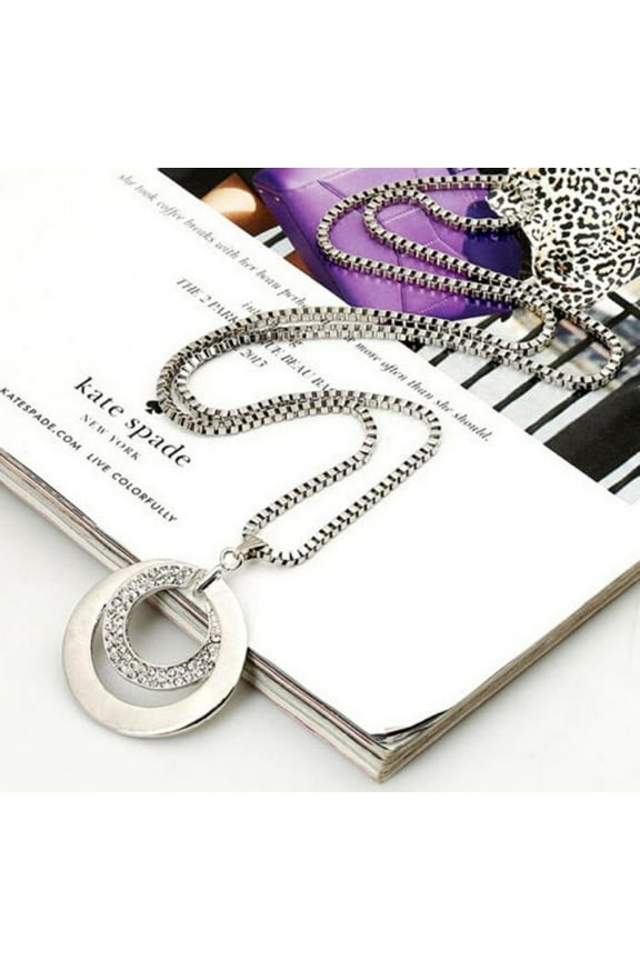 Rhinestone Plated Chain Necklace Women Long Pendant Crystal Gift Fashion Necklaces Pendants (Silver,One Size)