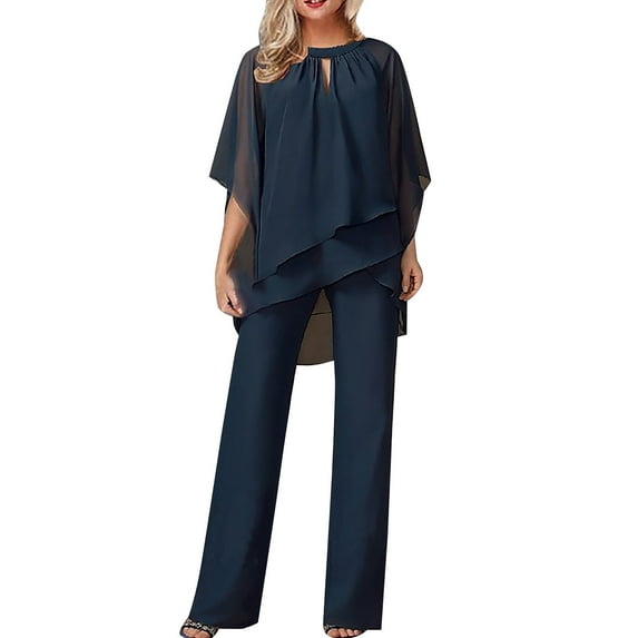 CILENON Elegant Ruffle 2 Piece Sets Women's Solid Color Loose Irregular Set Casual Pantsuits with Short Sleeve Chiffon Ruffle Blouse (Navy Blue,M)