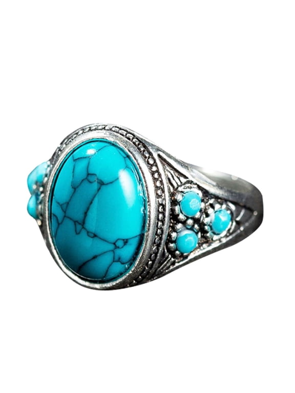 Fashion Rings Creative Gift Ethnic Wind Retro Imitation Turquoise Couple Rings Men And Women Finger Ring Jewelry (Silver,One Size)