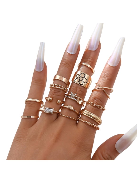 Gold Engagement Rings for Women 15Pcs Women Bohemian Rings Knuckle Rings Set Gem Crystal Rings Joint Knot Ring Sets for Teens Party Fesvital Jewelry Thumb Rings for Women (Gold,One Size)