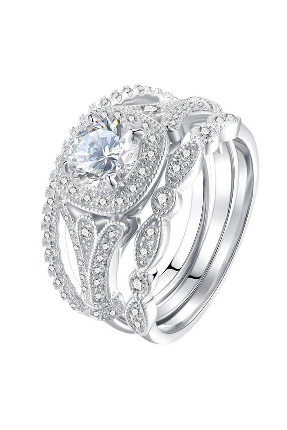 Gold Filled Ring 3Pc Geometry Silver Rhinestone Cubic Zirconia Bridal Geometry Rhinestone Engagement Ring Full Diamond Zirconia Solitaire Ring 5 12 Gold Ring Set Wedding Bands (Silver,7)