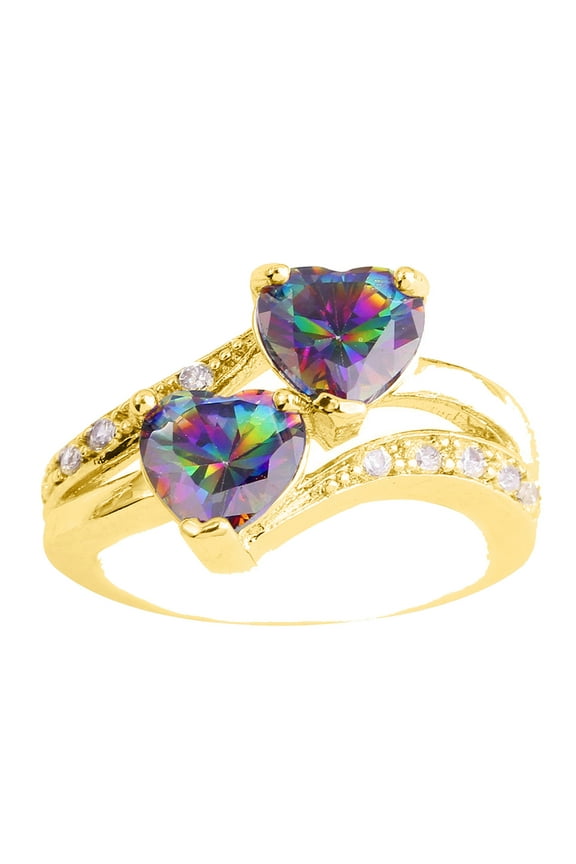 Gold Rings for Women Women's Unique Double Heart Rainbow Eternal Engagement Ring Girls Ring Rings for Women Gold Plated Rings for Women Silver Wedding Band Women(Golden,6)