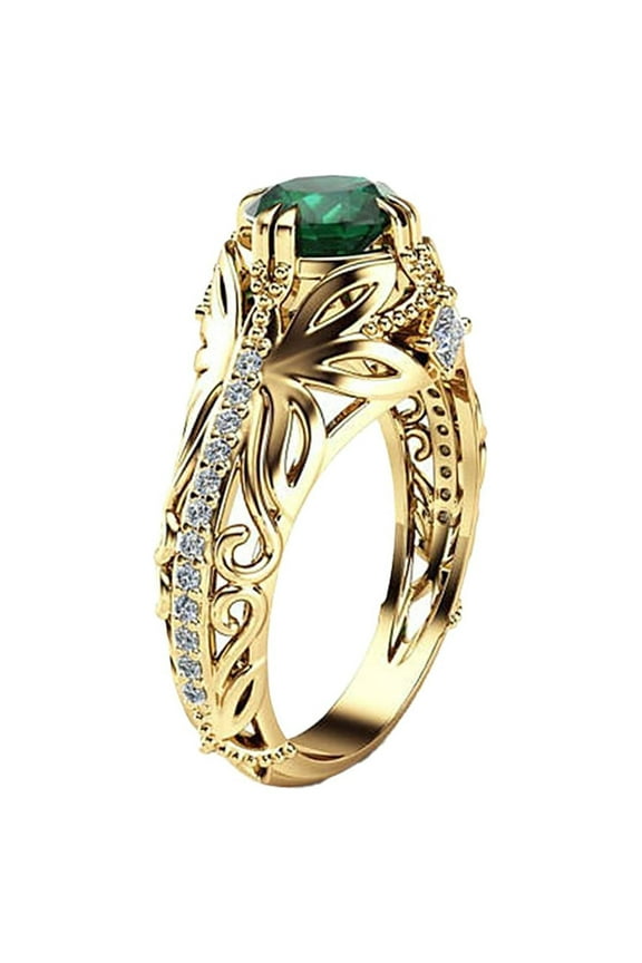 Green Zircon Ring Gold Wedding Jewelry Rings Fashion Rhinestone Jewelry Ring (Gold,6)