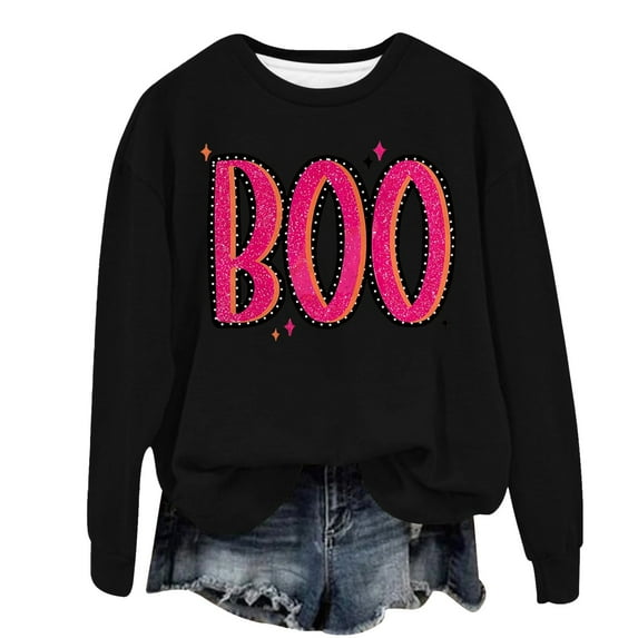 CILENON Halloween Costumes Woman 2024 Halloween Sweatshirts for Women 2024 Fall Cute Pumpkin Face Bat Graphic Crewneck Long Sleeve Shirt Top (A,L)