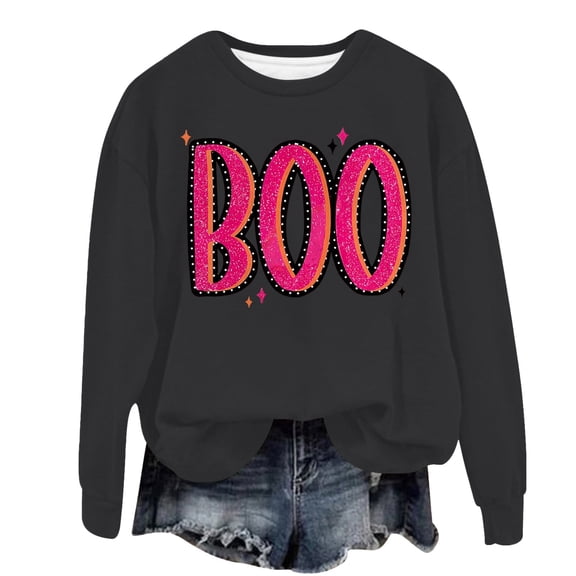 CILENON Halloween Costumes Woman 2024 Halloween Sweatshirts for Women 2024 Fall Cute Pumpkin Face Bat Graphic Crewneck Long Sleeve Shirt Top (H,M)