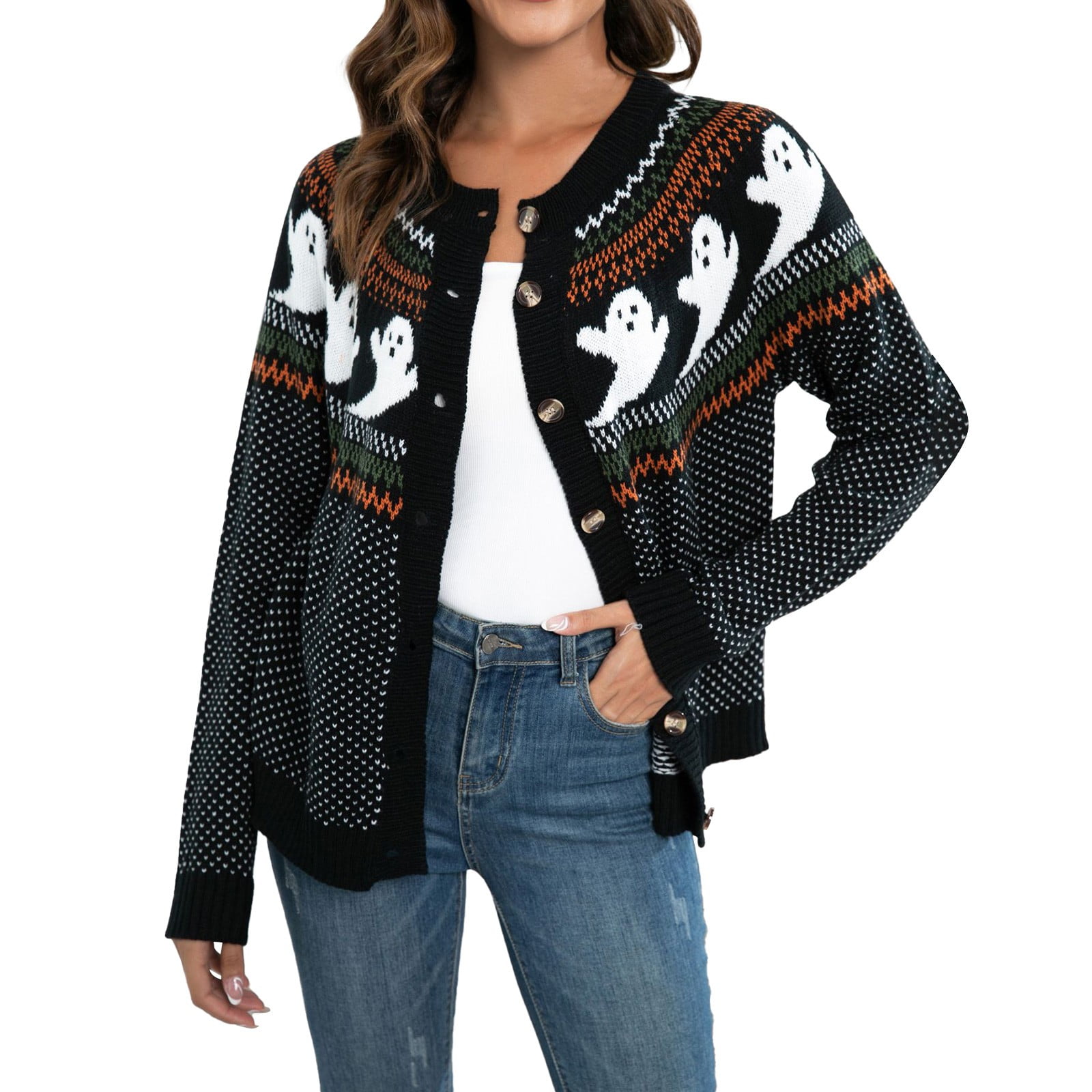 women's halloween ghost retro polka dot long sleeve knitted sweater main image 1