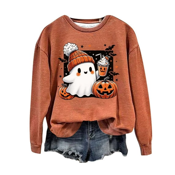 CILENON Halloween Sweaters for Women Cute Ghost Graphic Pullover Tops Long Sleeve Round Neck Hoodless Sweatshirt (Beige,L)