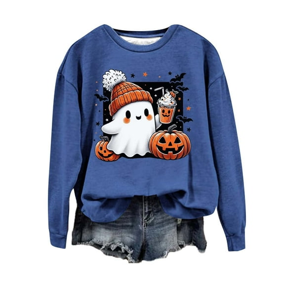 CILENON Halloween Sweaters for Women Cute Ghost Graphic Pullover Tops Long Sleeve Round Neck Hoodless Sweatshirt (Blue,XL)