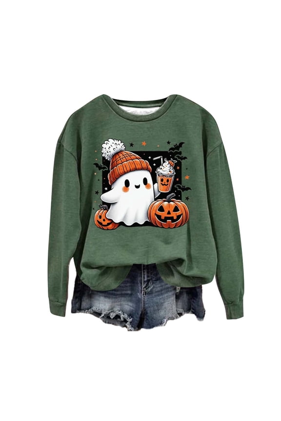 Halloween Sweaters for Women Cute Ghost Graphic Pullover Tops Long Sleeve Round Neck Hoodless Sweatshirt (Green,XL)