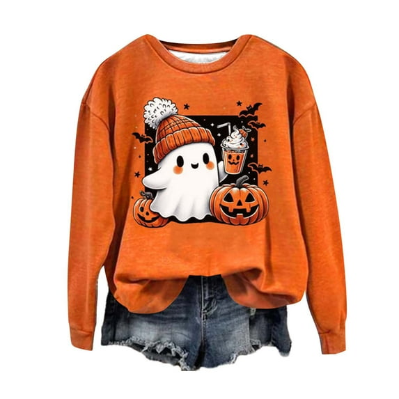 CILENON Halloween Sweaters for Women Cute Ghost Graphic Pullover Tops Long Sleeve Round Neck Hoodless Sweatshirt (Orange,XL)