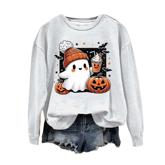 CILENON Halloween Sweaters for Women Cute Ghost Graphic Pullover Tops Long Sleeve Round Neck Hoodless Sweatshirt (White,XXL)