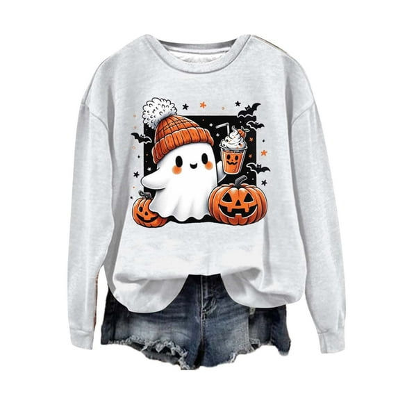 CILENON Halloween Sweaters for Women Cute Ghost Graphic Pullover Tops Long Sleeve Round Neck Hoodless Sweatshirt (White,XXL)