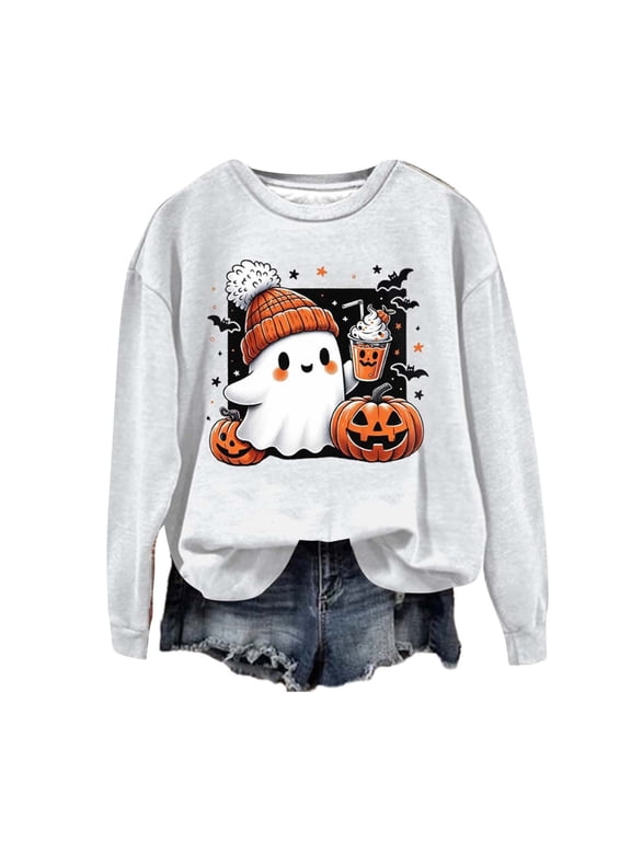 Halloween Sweaters for Women Cute Ghost Graphic Pullover Tops Long Sleeve Round Neck Hoodless Sweatshirt (White,XXL)