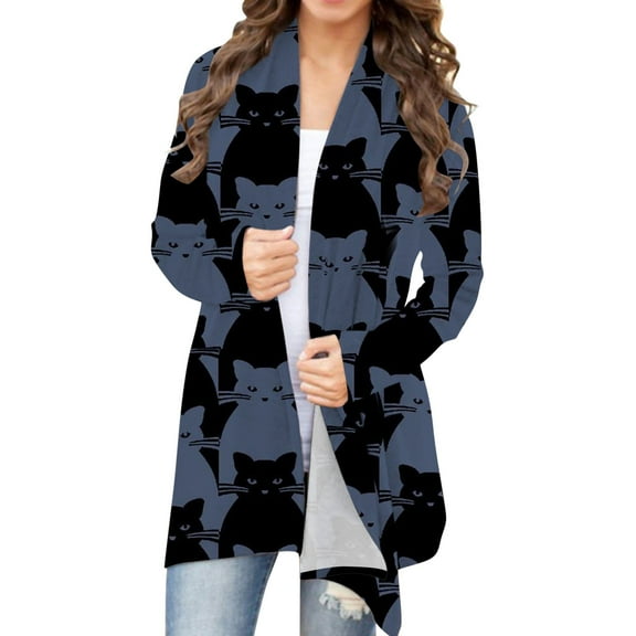 CILENON Jackets for Women Trendy Women's Halloween Animal Cat Pumpkin Print Cardigan Coat (Gray,M)