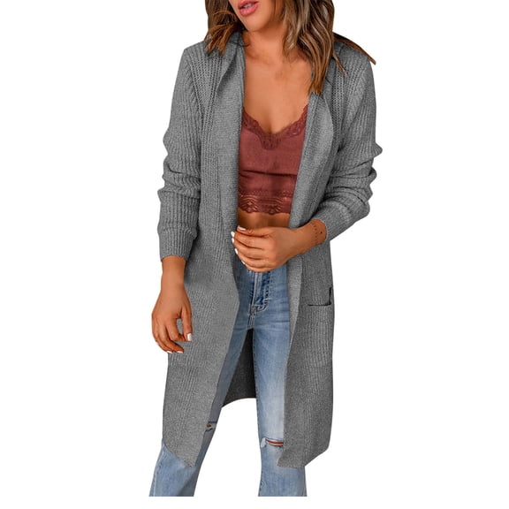 CILENON Jackets for Women Trendy Womens Round Neck Knitted Cardigan Loose Solid Color Sweater Coat (Gray,S)