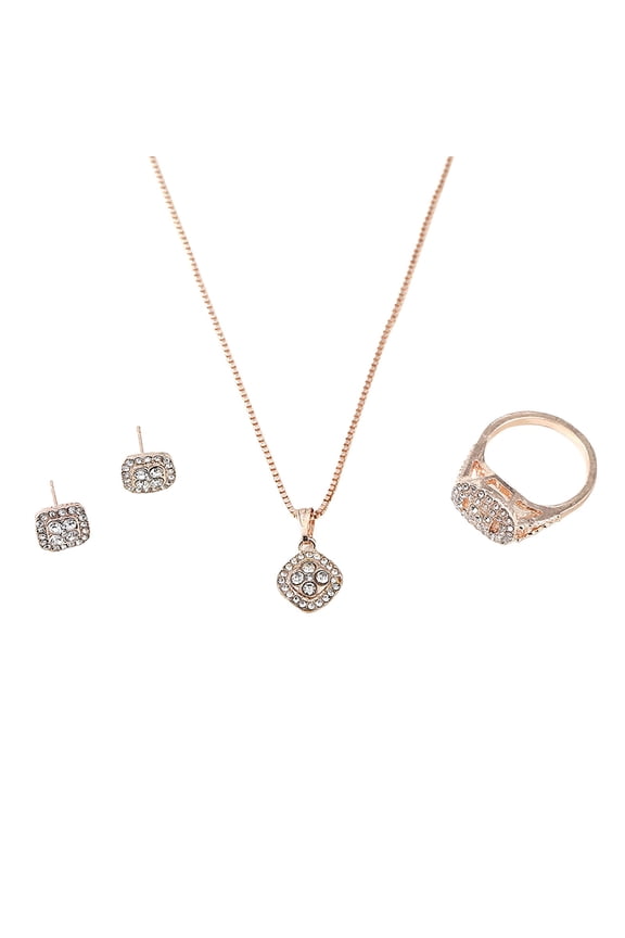 Jewelry Necklace Earrings Ring Diamond Three Piece Set Love Friendship Promise Eternal Ring Exquisite Rings Necklace Earrings Jewelry Set Diamond Zircon Chain Pendant (Rose Gold,One Size)