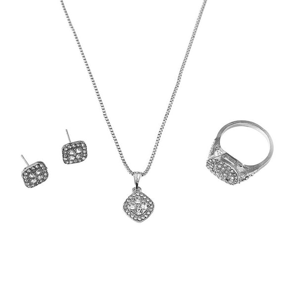 CILENON Jewelry Necklace Earrings Ring Diamond Three Piece Set Love Friendship Promise Eternal Ring Exquisite Rings Necklace Earrings Jewelry Set Diamond Zircon Chain Pendant (Silver,One Size)