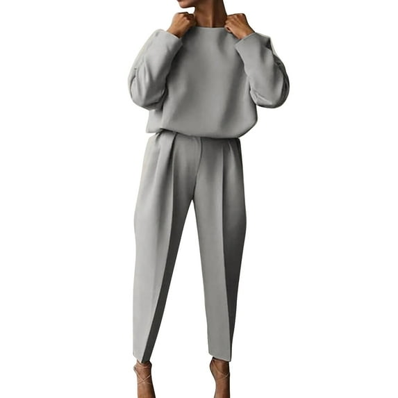 CILENON Jogger Sets for Women 2 Piece Autumn And Winter Women's Loose Solid Color Long Sleeve Casual Two Piece Set Travel Outfits for Women On Plane Sweatsuits for Women Sweatsuit(Gray,XL)
