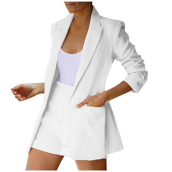 CILENON Jogger Sets for Women 2 Piece Suit Cardigan Jacket Suit Lapel Sexy Shorts Casual Fashion Women's Temperament Women Suits & Sets Travel Outfits for Women On Plane (White,L)
