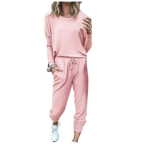 CILENON Joggers for Women 2 Piece Set Women Fashion O-Neck Solid Pullover Long Sleeve Bandage Loose Pants Sweatsuits Casual Sets for Women Workout Clothes for Women Sets (Pink,XXXL)