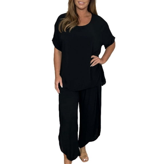 CILENON Joggers for Women 2 Piece Set Women's Fashion Casual Loose Plus Size Suits European And American Short Sleeves Casual Sets for Women Workout Clothes for Women Sets (Black,XL)
