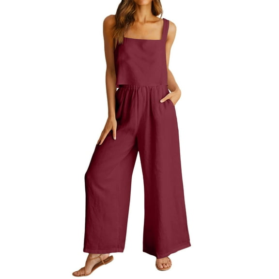 CILENON Jogging Suit Sets for Women Women's 2 Piece Outfits Square Neck Linen Tank Crop Top Wide Leg Pants Matching Set Tracksuit Sport Clothes for Women Womens 2 Piece Outfits (Red,XXL)