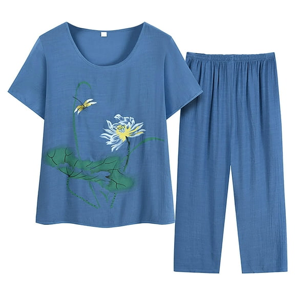 CILENON Leisure Wear Sets for Women Women Summer Middle Aged And Elderly Embroidered Print Loose Fit Short Sleeve Top And Pants Set Velour Tracksuit Womens Loungewear Sets Woman (Blue,XXXL)