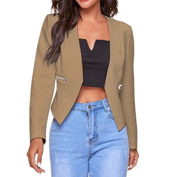 CILENON Long Cardigans for Women Trendy Women's Casual Jackets Suit Long Sleeve Zipper Cardigan Business office Short Coat (Khaki,S)