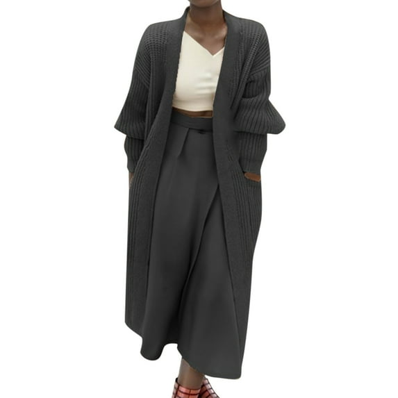 CILENON Long Cardigans for Women Trendy Women's Solid Color Long Sleeved Loose Pocket Casual Mid Length Cardigan (Gray,M)