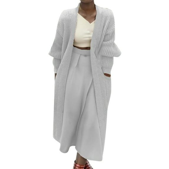 CILENON Long Cardigans for Women Trendy Women's Solid Color Long Sleeved Loose Pocket Casual Mid Length Cardigan (White,S)