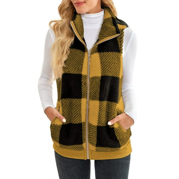 CILENON Long Cardigans for Women Trendy Womens Jacket Sleeveless Lightweight Plaid Vest Cozy Cardigan Zipper Warm Outwear With Pocket (Yellow,M)