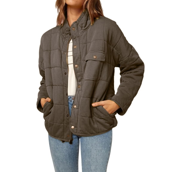 CILENON Long Cardigans for Women Trendy Womens Lightweight Quilted Jacket Button Long Sleeve Stand Collar Warm Winter Coat (Khaki,S)