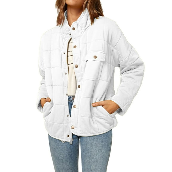 CILENON Long Cardigans for Women Trendy Womens Lightweight Quilted Jacket Button Long Sleeve Stand Collar Warm Winter Coat (White,XXL)